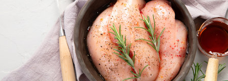 Raw marinated chicken meat with rosemary and sauce in a gray bowl on a white background. Marinating meat for cooking. Top view. Panorama with copy space.の写真素材