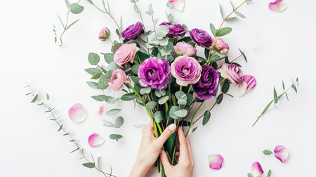 Bouquet of ranunculus and tulips in woman hands on light background. Spring flowers.の素材