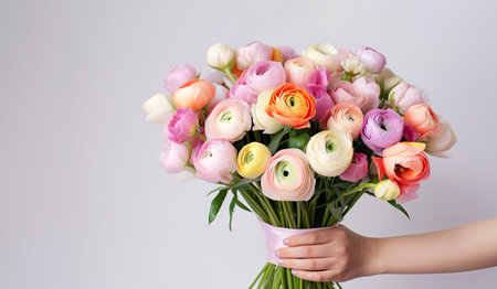 Bouquet of ranunculus and tulips in woman hands on light background. Spring flowers.の素材