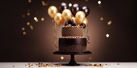 Chocolate cake with gold balloons and sprinkles. Happy holiday.の素材