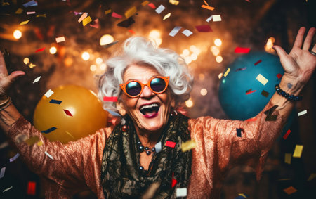 Happy seniorr lady having fun at Birthday party. Baloon and confetti.の素材