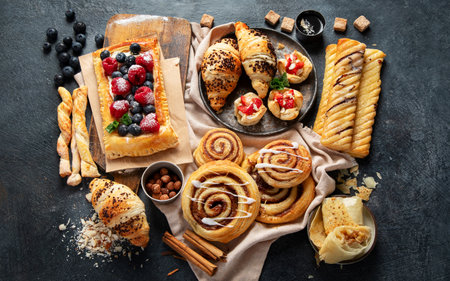 Sweet traditional pastry on dark background. Top viewの写真素材