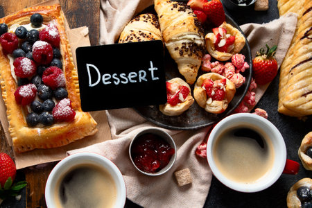 Different tasty freshly baked pastries on dark background. Top view.の写真素材