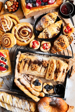 Sweet pastries on a light background. Top viewの写真素材