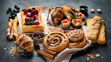 Sweet traditional pastry on dark background.の写真素材