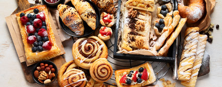 Sweet pastries on a light background. Top view, bannerの写真素材