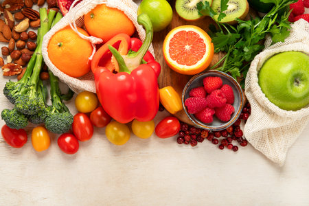 Products high in vitamin C. Healthy food concept. Top view, copy spaceの写真素材