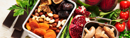 Vegan food rich of iron. Healthy eating. Vegetables, fruits and nuts. Copy spaceの写真素材