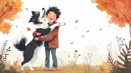 Little boy playing with good dog on light background. Watercolor illustration.の素材