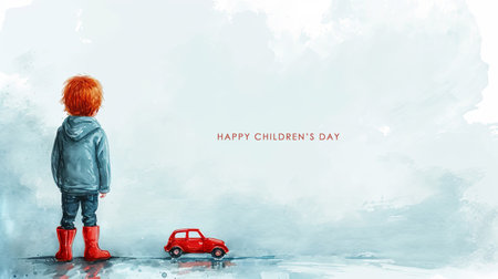 Ginger hair little boy in red boots and with umbrella. Watercolor illustration. Children's day.の素材