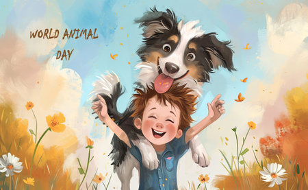 Little boy playing with good dog on light background. Watercolor illustration.の素材