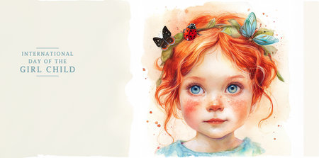 Ginger hair baby girl with big blue eyes and ladybird on her head. Watercolor illustration on light orange background.の素材