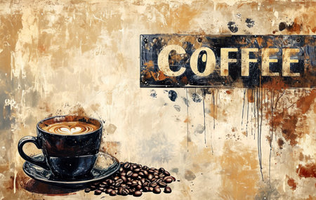 Coffee shop sign. Cup of coffee and beans. Modern collage with different textures.の素材