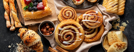 Sweet traditional pastry on dark background. Top view, bannerの写真素材
