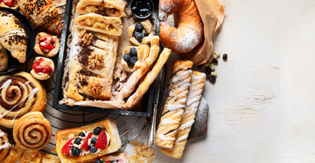 Sweet pastries on a light background. Top view, copy spaceの写真素材