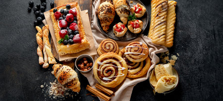 Sweet traditional pastry on dark background. Top view, panoramaの写真素材