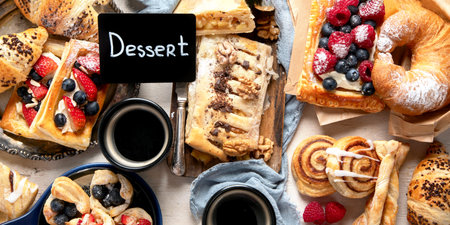 Table with various pastries and coffee cups on light backround. Top view. Panorama.の写真素材