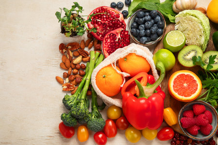 Products high in vitamin C. Healthy food concept. Top view, copy spaceの写真素材