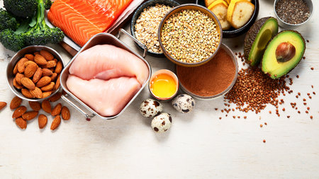 Foods containing natural magnesium (Mg). Healthy food concept. Top view, copy spaceの写真素材