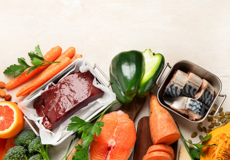 Set of high in vitamin A. Concept of healthy. Top view, copy spaceの写真素材