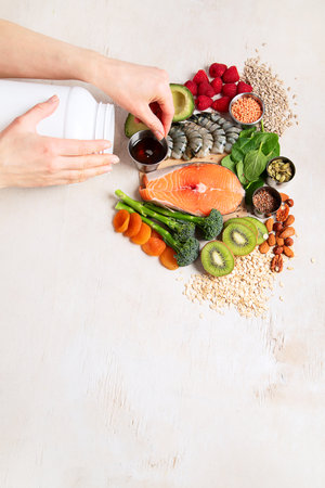 Set of foods high in vitamin E. Concept of healthy. Top view, copy spaceの写真素材