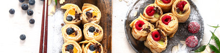 Asian sweet sushi pancake. Rolls with cream cheese berry and fruits. Top view, bannerの写真素材