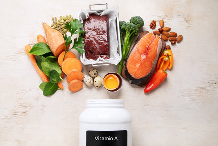 Vitamin A in food, natural products rich in vitamin A as red pepper, parsley leaves, dried apricots, carrots, broccoli, milk, egg yolk and cod liver oil on a light background. Top view.の写真素材