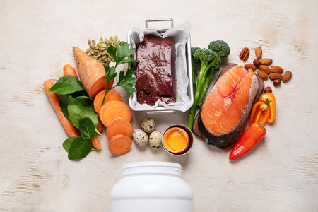 Vitamin A in food, natural products rich in vitamin A as red pepper, parsley leaves, dried apricots, carrots, broccoli, milk, egg yolk and cod liver oil on a light background. Top view.の写真素材