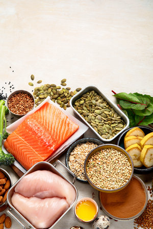Foods containing natural magnesium (Mg). Healthy food concept. Top view, copy spaceの写真素材