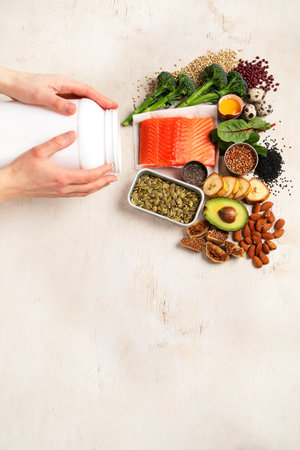 Foods rich in magnesium. Healthy food. Top view, copy spaceの写真素材
