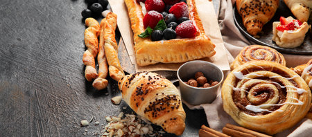 Sweet traditional pastry on dark background. Copy spaceの写真素材