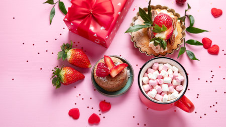Festive pink background with cupcake, strawberries, chocolates, hot drink. Birthday celebration. Top view, copy spaceの写真素材