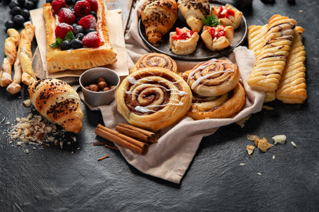 Sweet traditional pastry on dark background. Copy spaceの写真素材