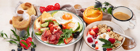 Healthy breakfast with oatmeal, berries, egg, bacon and a cup of coffee. Good morning. Bannerの写真素材