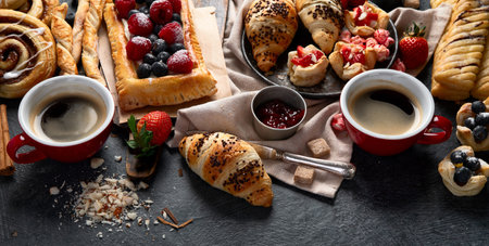 Different tasty freshly baked pastries on dark background. Top view.の写真素材