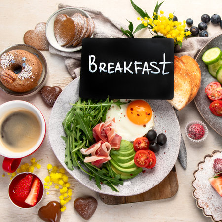 Breakfast served with coffee, fresh bakery, eggs, salad, meat and fruits. Holiday concept. Top view.の写真素材