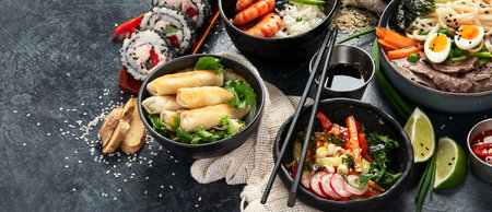 Traditional Asian food table. Spring roll, rice, shrimp, sushi, vegetables, meat on dark background. Copy space, bannerの写真素材