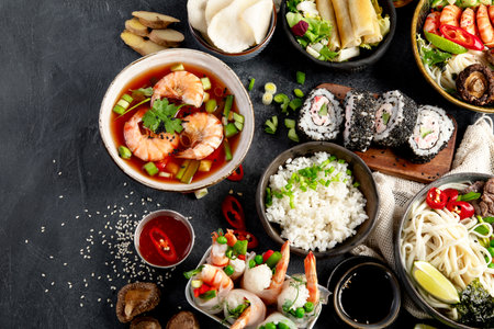 Traditional Asian food table. Spring roll, rice, shrimp, sushi, vegetables, meat on dark background. Top viewの写真素材