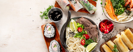 Assorted Asian meal, vietnamese food. Pho bo, noodles, spring rolls, sauces. Top view. Panorama with copy space.の写真素材