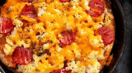 Trendy hybrid food. Mac and cheese pizza on dark background. Top viewの写真素材