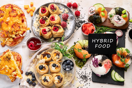 Hybrid trendy food on light wooden background, Sushi roll pancake, donut sushi, pizza with pasta. Top viewの写真素材