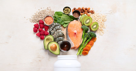 Set of foods high in vitamin E. Concept of healthy. Top view, bannerの写真素材