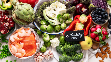Vegetables, fish, berry on wooden background. Healthy food concept. Top viewの写真素材