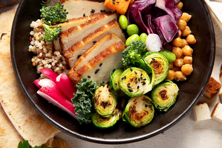 Vegan food on wooden background. Healthy and tasty brunch. Top viewの写真素材