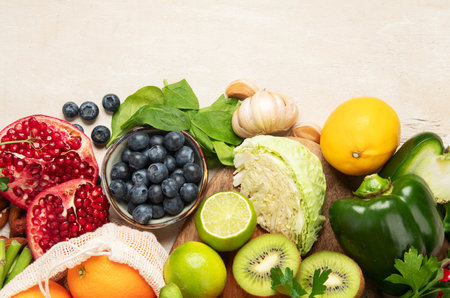 Products high in vitamin C. Healthy food concept. Top view, copy spaceの写真素材