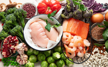 Balanced diet food background. Healthy food selection. Detox and clean diet concept. Foods high in vitamins, minerals and antioxidants. Anti age foods. Top view.の写真素材