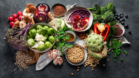 Vegan food. Pepper, broccoli, cabbage, garlic, mushrooms, pomegranate on a dark background. Top viewの写真素材