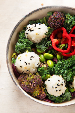 Vegan food on wooden background. Healthy and tasty brunch. Top viewの写真素材