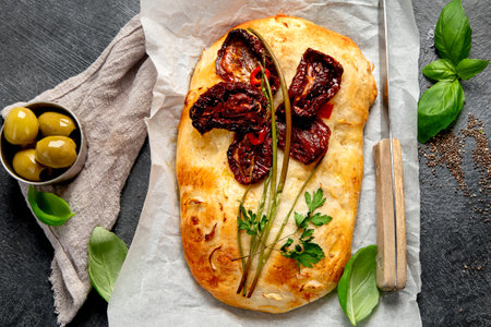 Focaccia art. Italian bread on dark background. Top viewの写真素材