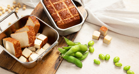 Soy food. Baked tofu cheese on a board, soybeans. Vegan product. Bannerの写真素材